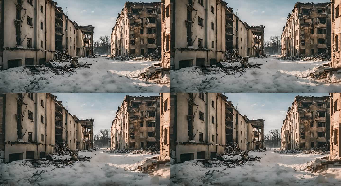 炸弹战争冬季空袭摧毁建筑房屋