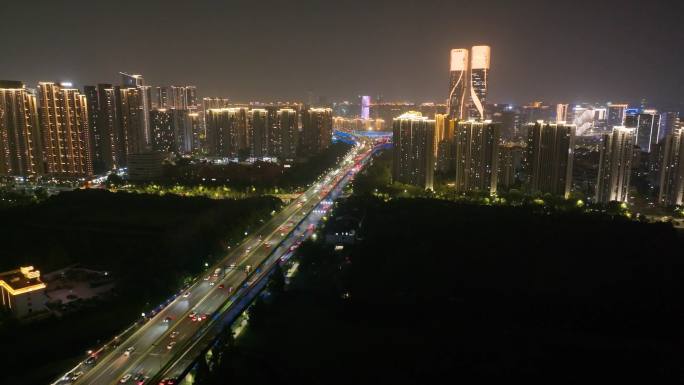 杭州钱塘江西兴大桥夜晚夜景航拍车流交通城