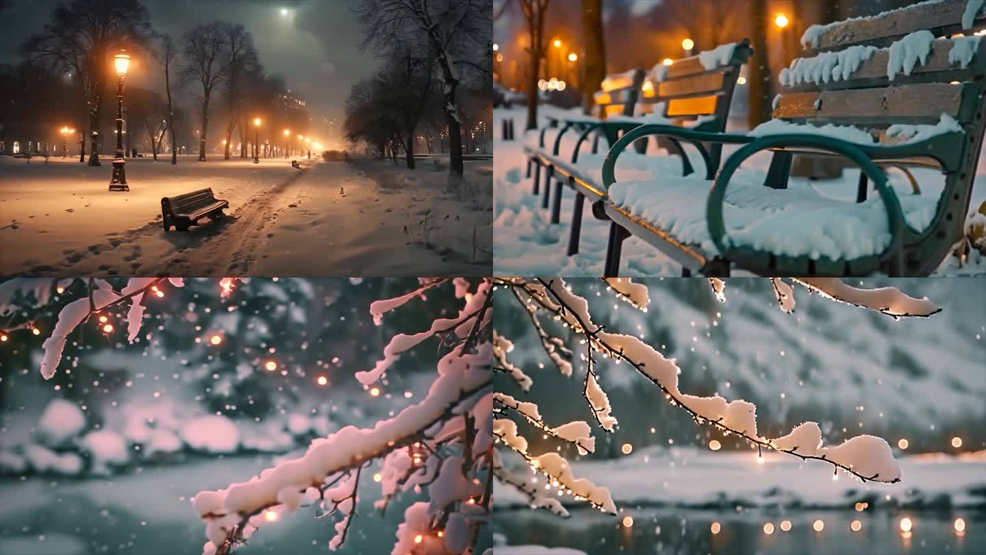 唯美城市雪景下雪天夜晚夜景素材原创