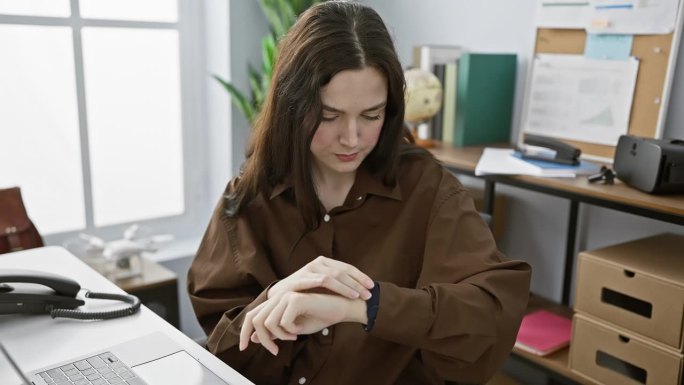 一位年轻女子坐在办公室里，微笑着查看她的智能手表，体现了专业与现代的融合。