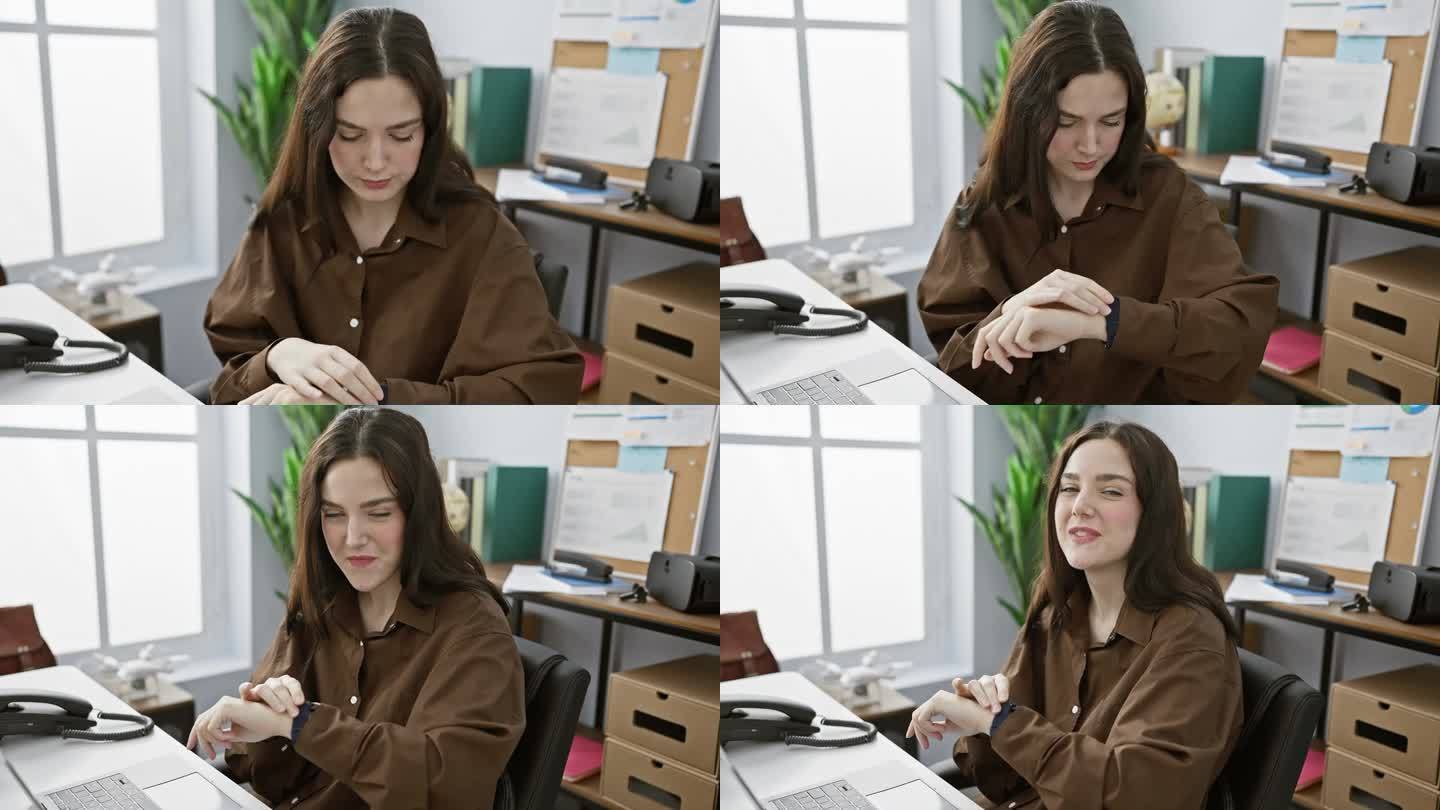 一位年轻女子坐在办公室里，微笑着查看她的智能手表，体现了专业与现代的融合。