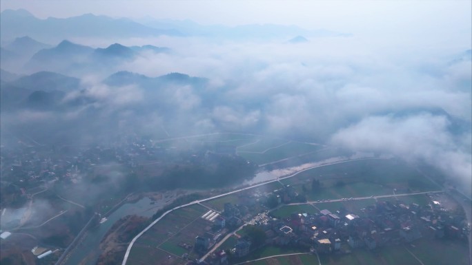 浙江衢州开化山区农村云海风景风光航拍延时