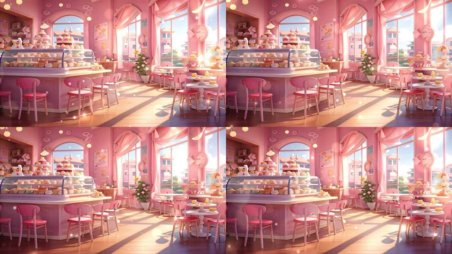 4K卡通三维立体粉色甜品蛋糕室内餐厅背景