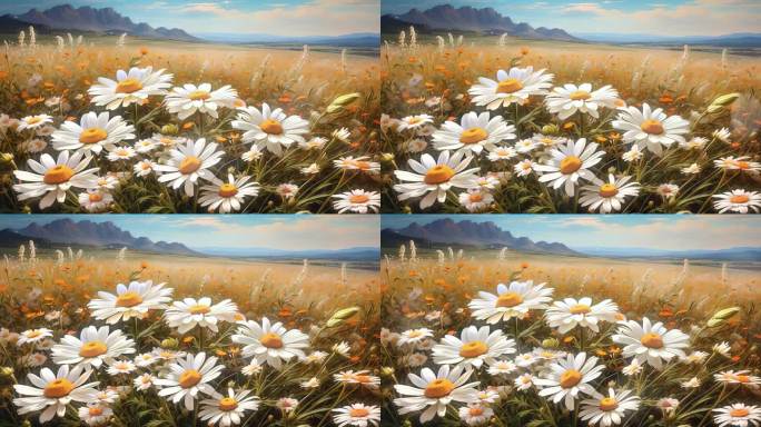4K唯美梦幻手绘油画花海花丛白色花朵背景