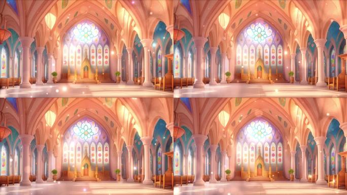 4K卡通油画手绘童话大堂教堂室内场景背景
