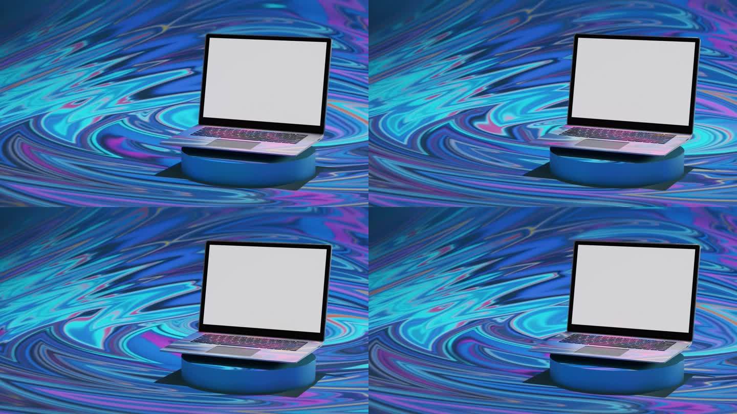 现代笔记本电脑与空白白色屏幕显示产品展示特价折扣3d渲染动画液体背景