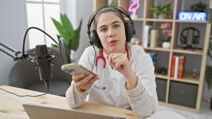 一名西班牙裔女子在演播室里戴着耳机，同时拿着智能手机和麦克风，还能看到“正在播放”的标志。