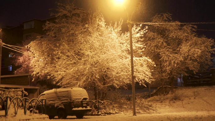 宁静的冬夜，白雪覆盖着汽车和树木