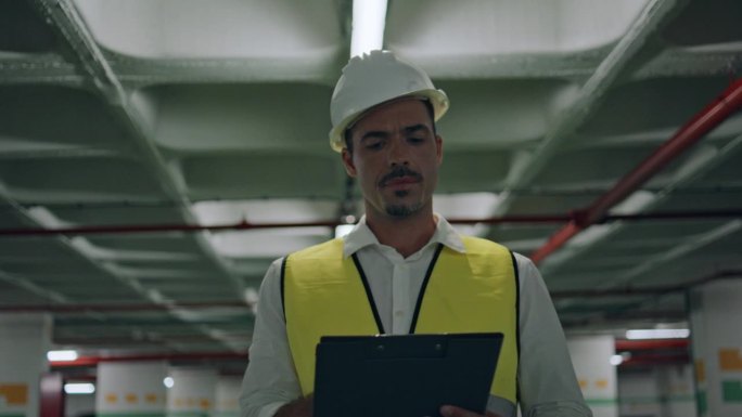 严肃的工程师走现代建筑肖像。拉丁人笔记