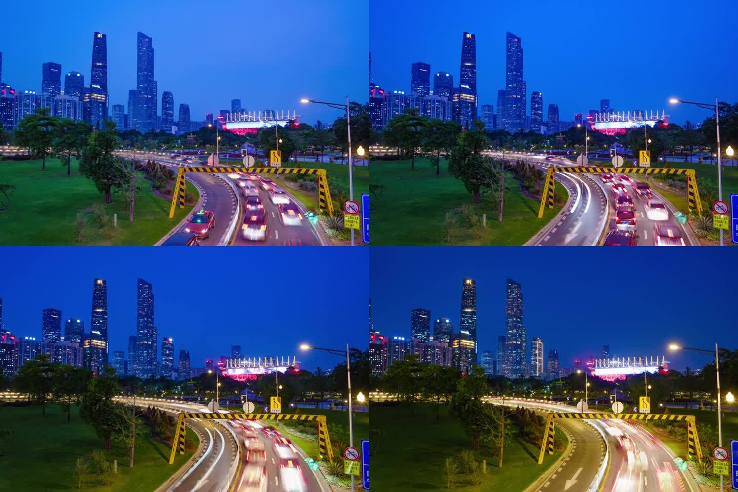 广州城市夜景交通道路珠江新城进城出城车流