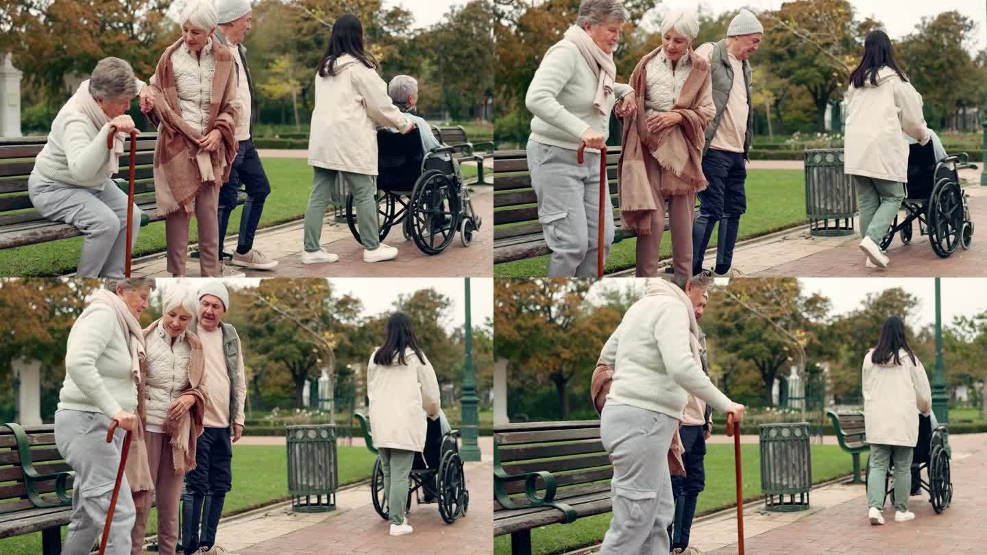 照顾，散步和老年人在公园的联系，健康和高质量的时间一起在户外。友谊、健康与老年男女相随，在大自然中呼