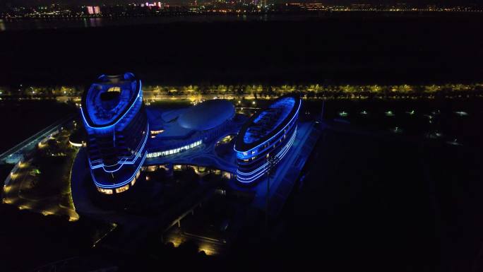 南京城市夜景长江之舟建筑风光航拍