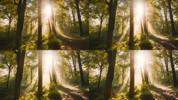 清晨在森林里散步阳光穿过树林