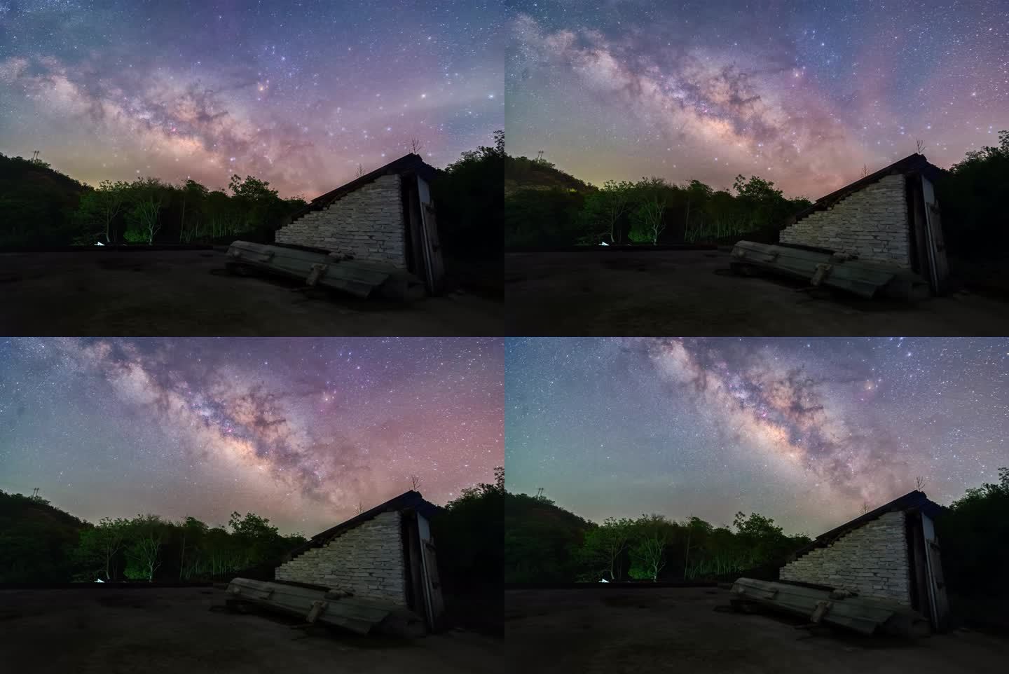 乡村房顶银河升起星空延时摄影