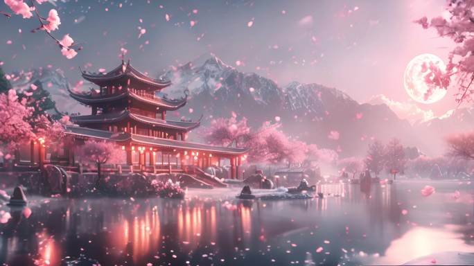 宽屏中国古代夜晚大唐盛世唯美意境中秋赏月