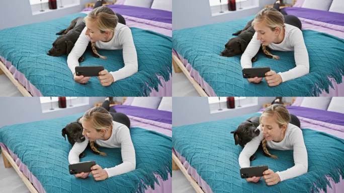 在舒适的卧室里，一名年轻女子和她的黑色拉布拉多犬在蓝绿色的床罩上自拍。