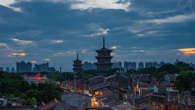 泉州西街开元寺东西塔风光夜景4k延时