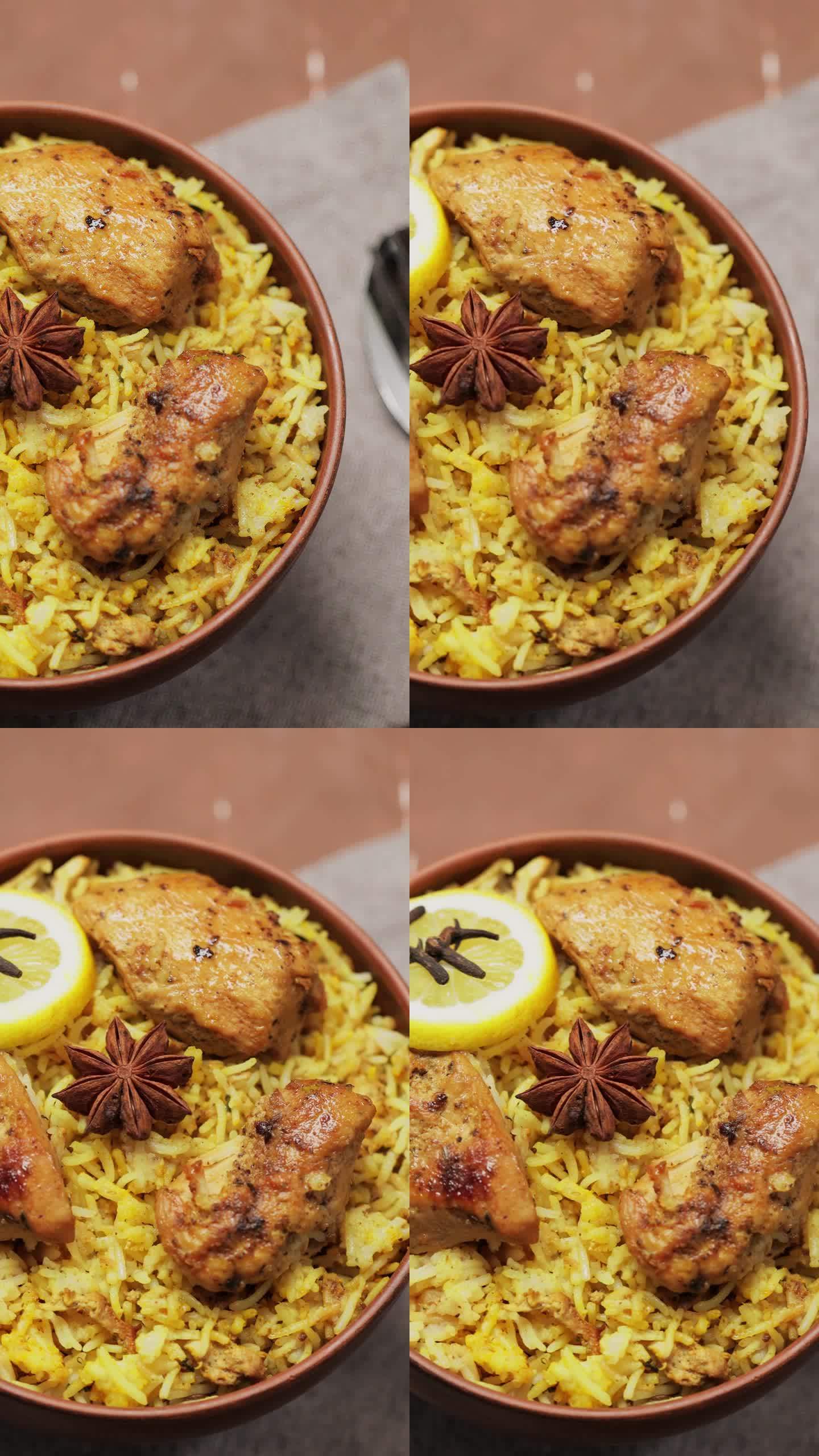 印度鸡肉香饭与芳香香料在碗，平移相机拍摄，垂直视频