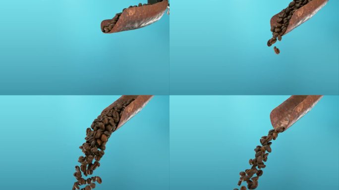 超级慢动作，一堆生咖啡豆从一个金属勺子里掉下来