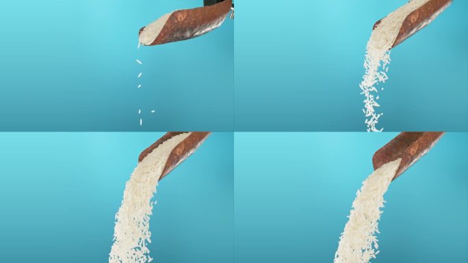 一堆生米粒从生锈的勺子上掉下来的超级慢镜头