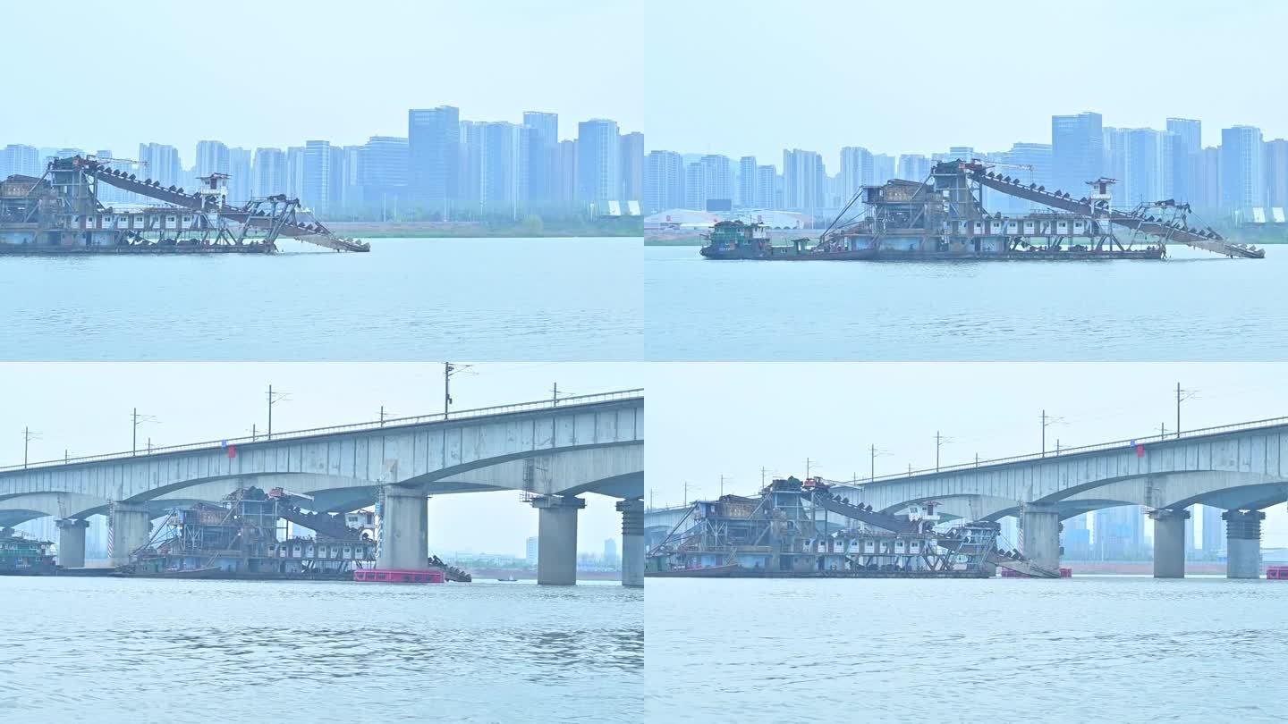 湘江运输船，采砂船，经过桥梁