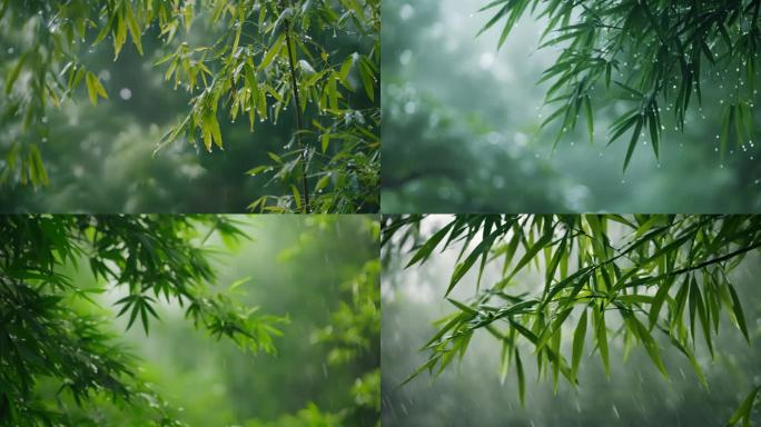 清明竹叶雨屋檐素材