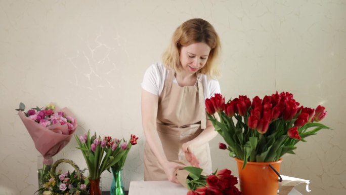 在花店工作的女人，花艺制作，礼品包装服务。