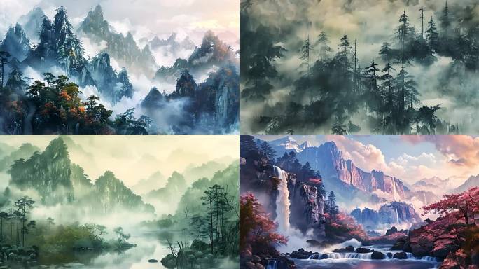 中国风水墨山水 树林 森林 河流瀑布