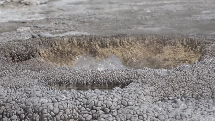 热水在运转中的间歇泉口沸腾。钙的形成，硅辉石的沉积。黄石国家公园。美国怀俄明