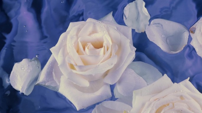 在深蓝色的丝绸背景上，白玫瑰的花朵和花瓣漂浮在水面上，在水面上荡漾。