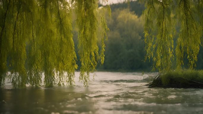 河流边的垂柳：清澈水边的唯美风景