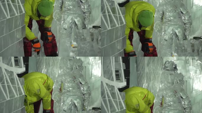 冰雕家正在塑造冰雕