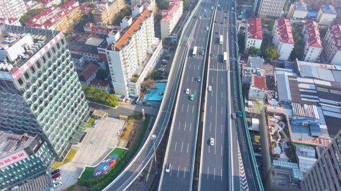 上海杨浦区邯郸路航拍车流马路道路大柏树立