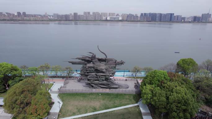 4K航拍 杭州市滨江区城市雕塑 钱王射潮