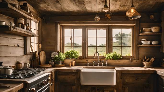 一个温馨的小厨房带有一扇大窗户和森林景观