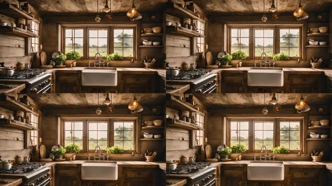 一个温馨的小厨房带有一扇大窗户和森林景观