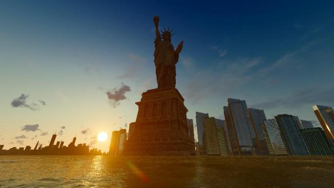 夕阳照耀下的美国纽约自由女神像雕塑延时