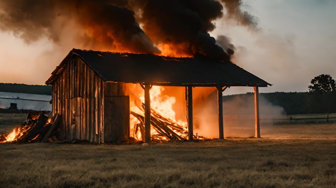 燃烧的谷仓在大火中倒塌