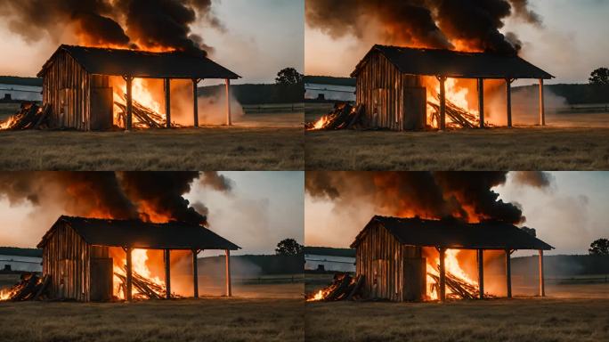 燃烧的谷仓在大火中倒塌