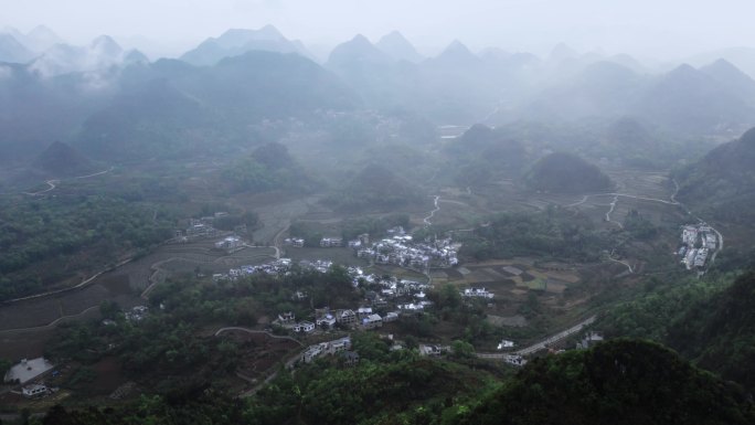 航拍贵州群山环绕乡村水墨中国风