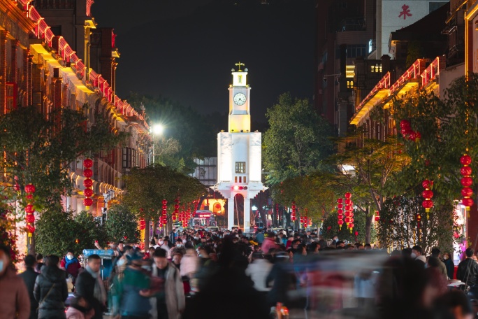 泉州西街钟楼新年客流量夜景8k延时