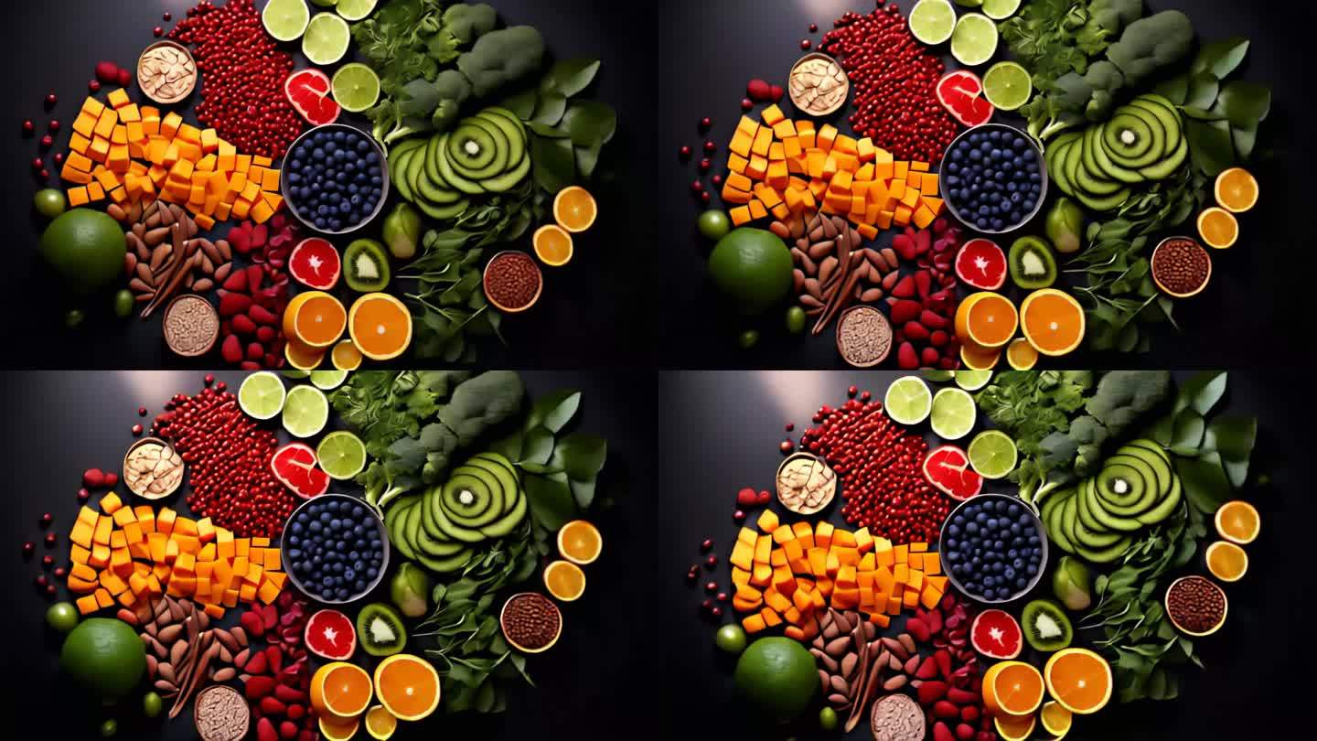 各种各样的水果和蔬菜被摆成一个圆形