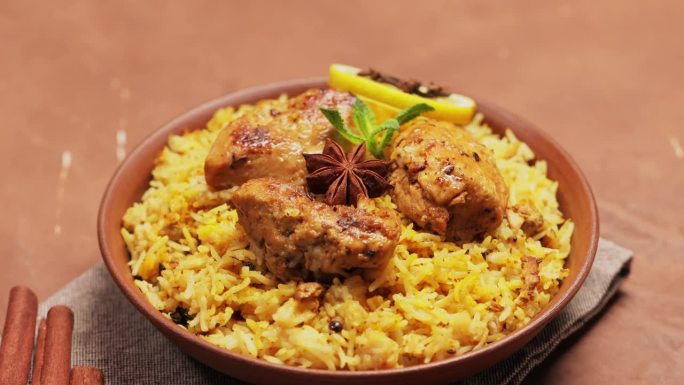 印度菜鸡肉印度香饭与印度香米在棕色背景，平移相机拍摄