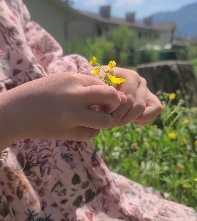 手里拿着黄色野花的小女孩