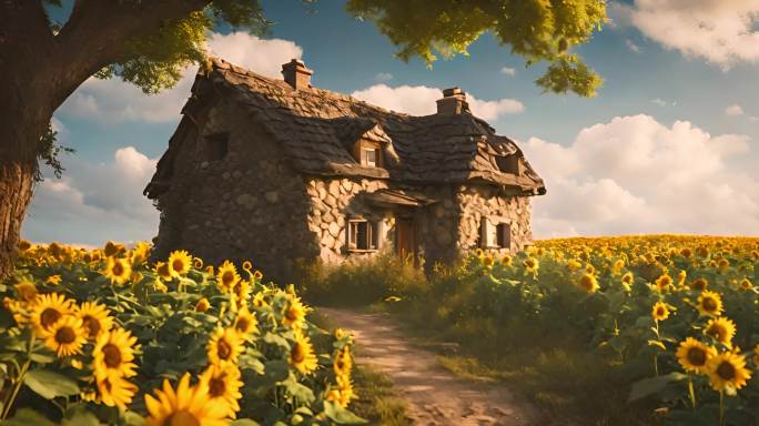 农田中的房屋向日葵