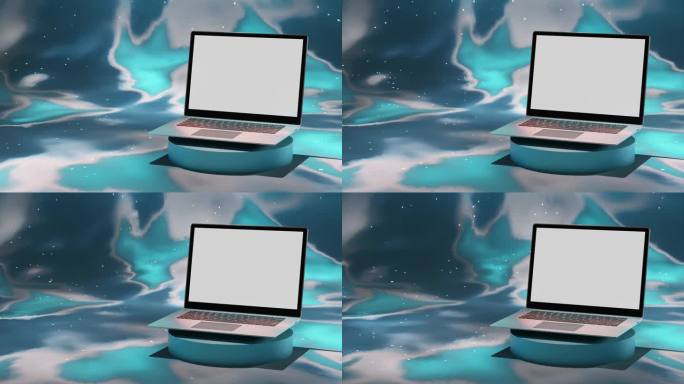 现代笔记本电脑用空白白屏显示产品展示特价折扣3d渲染动画液体抽象背景