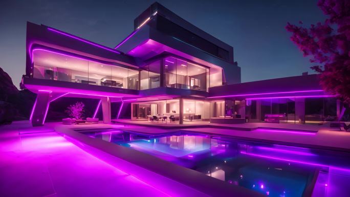 一栋带游泳池的未来主义风格的房子