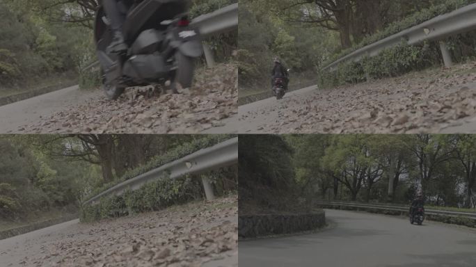 摩托车骑过树叶飞起