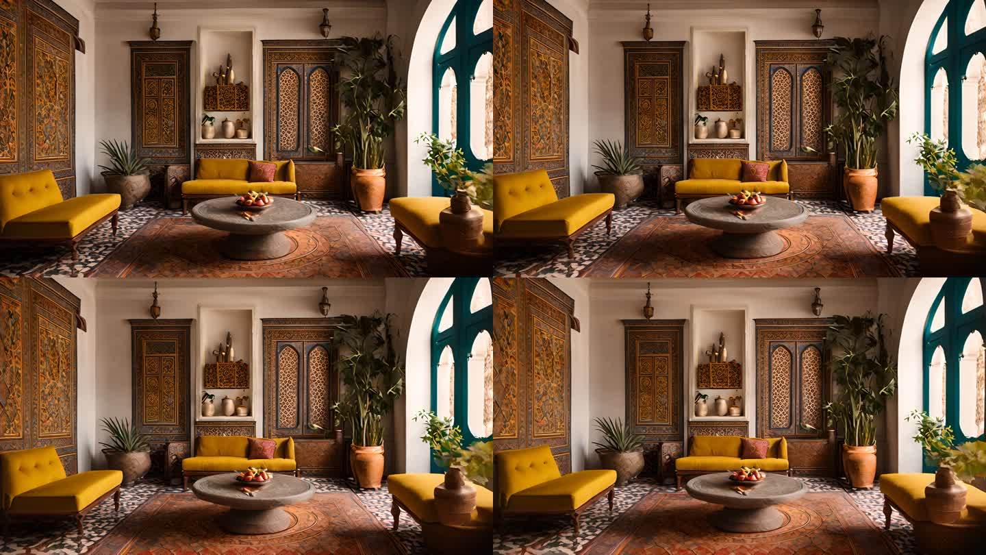 摩洛哥风格的客厅黄色沙发图案墙和彩色瓷砖