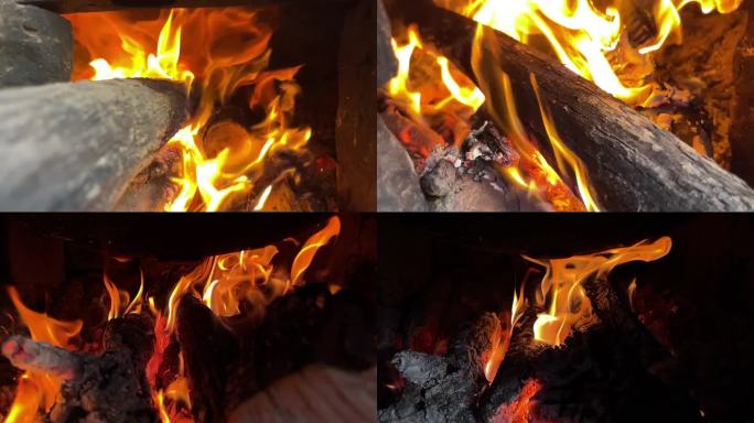 柴火素材烧火炭火火焰熊熊燃烧升格视频素材